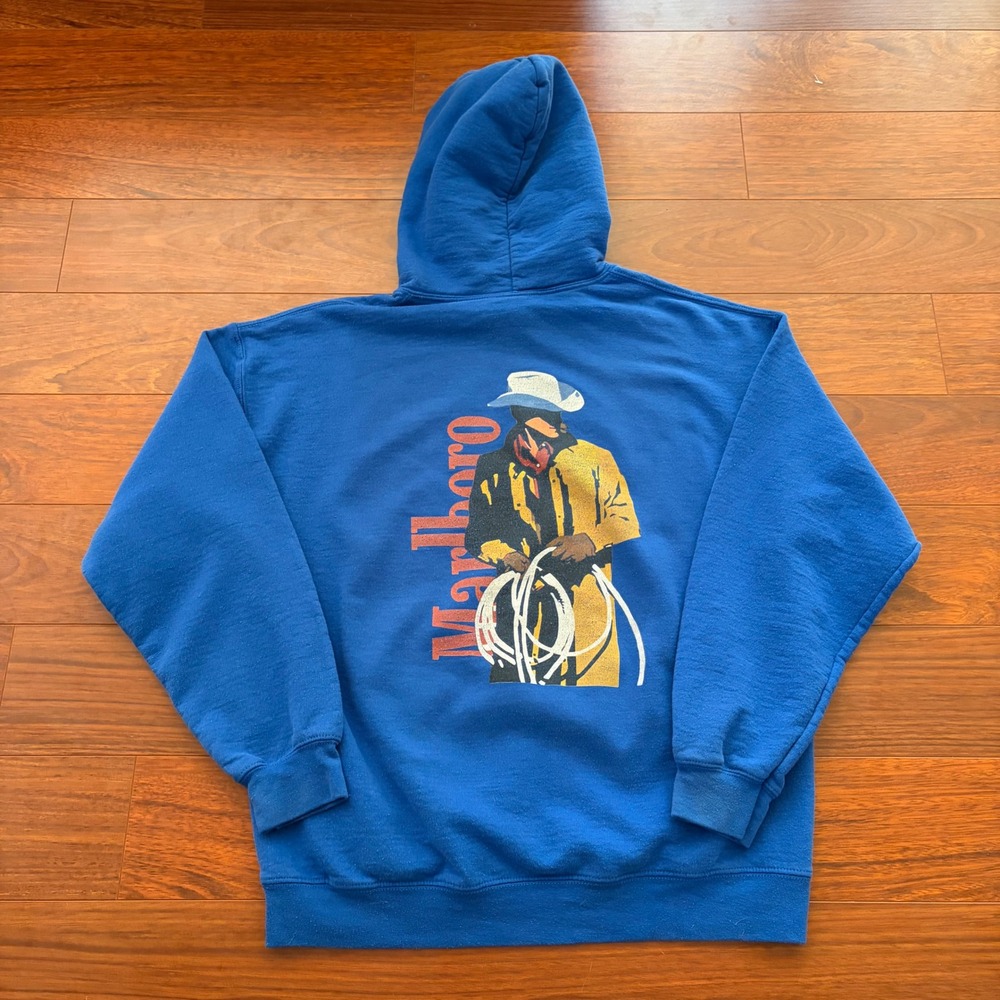 Marlboro Mens Hoodie Large Blue Cowboy Graphic Adventure Team Gorpcore Vintage